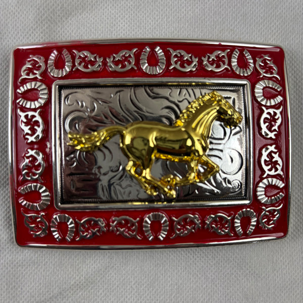 HORSE BELT BUCKLE GOLD SILVER & RED OUTLINE WESTERN METAL BUCKLE FASHION ART 4.5" X 3.5"  #EH12265