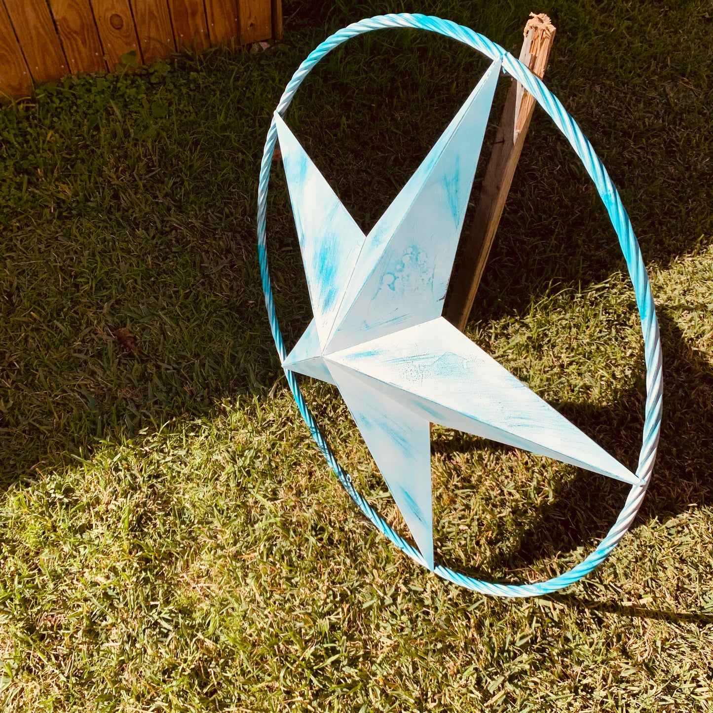 #EH11219 TURQUOISE WHITE DISTRESSED STAR TWO TONE TEXTURE BARN STAR METAL LONESTAR TWISTED ROPE RING WESTERN HOME DECOR HANDMADE NEW