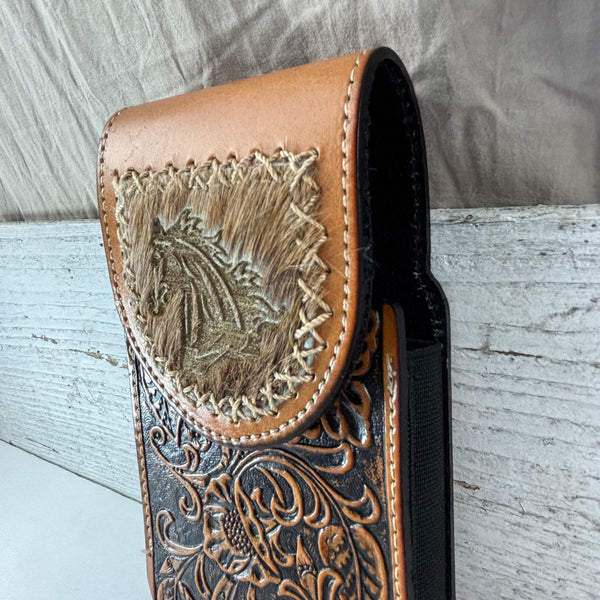 7" HORSE LEATHER HOLSTER TAN POUCH EXTRA LARGE  BELT LOOP CELL PHONE CASE UNIVERSAL OVERSIZE