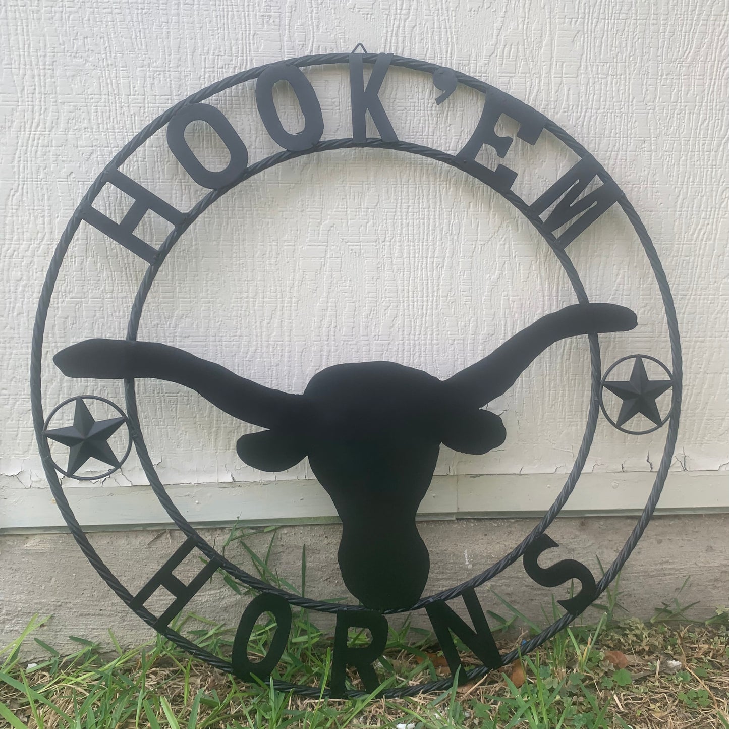 HOOKEM HORNS WITH LONE STAR TEXAS LONGHORNS HOOK EM BLACK METAL CUSTOM VINTAGE CRAFT WALL ART TEAM SIGN HANDMADE