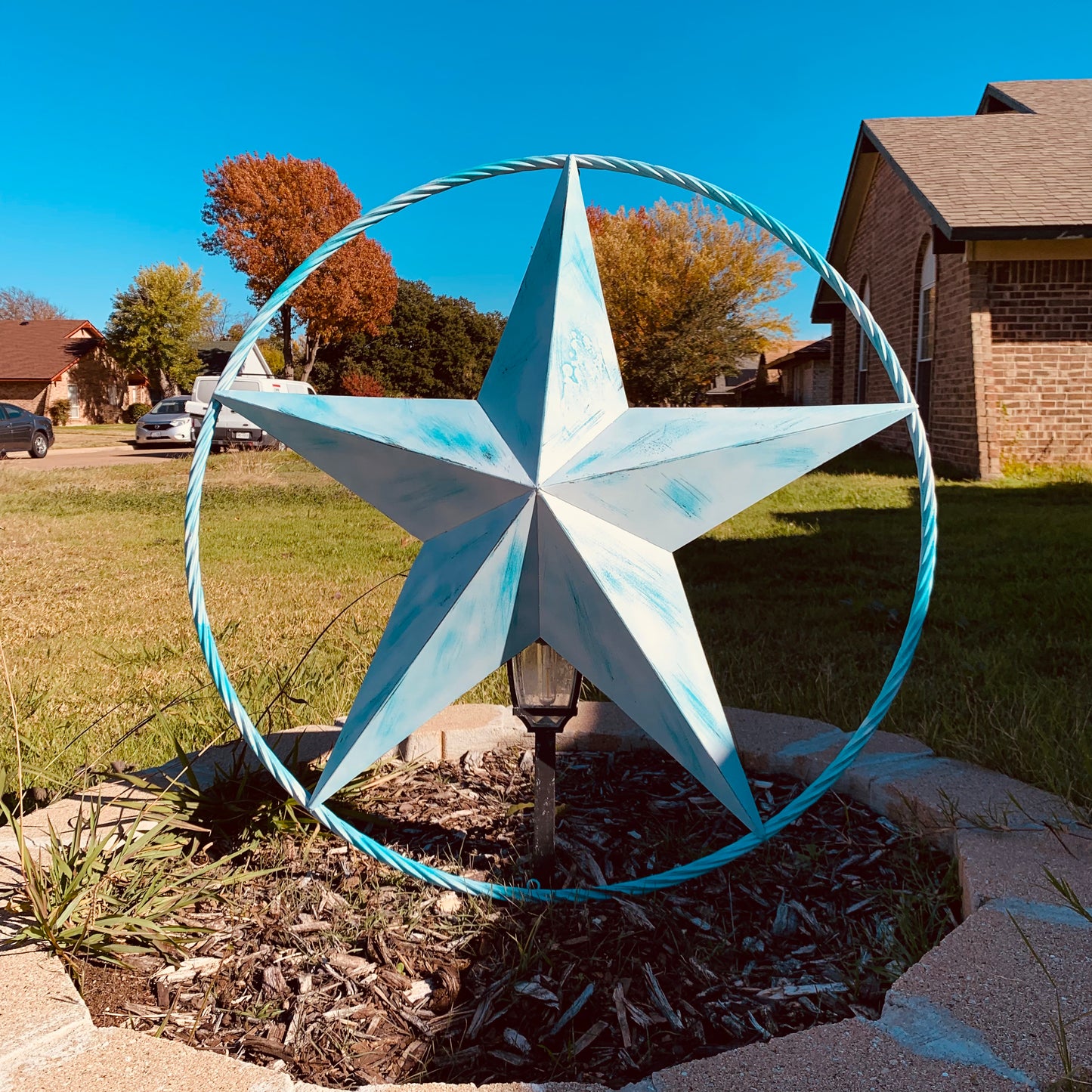 #EH11219 TURQUOISE WHITE DISTRESSED STAR TWO TONE TEXTURE BARN STAR METAL LONESTAR TWISTED ROPE RING WESTERN HOME DECOR HANDMADE NEW