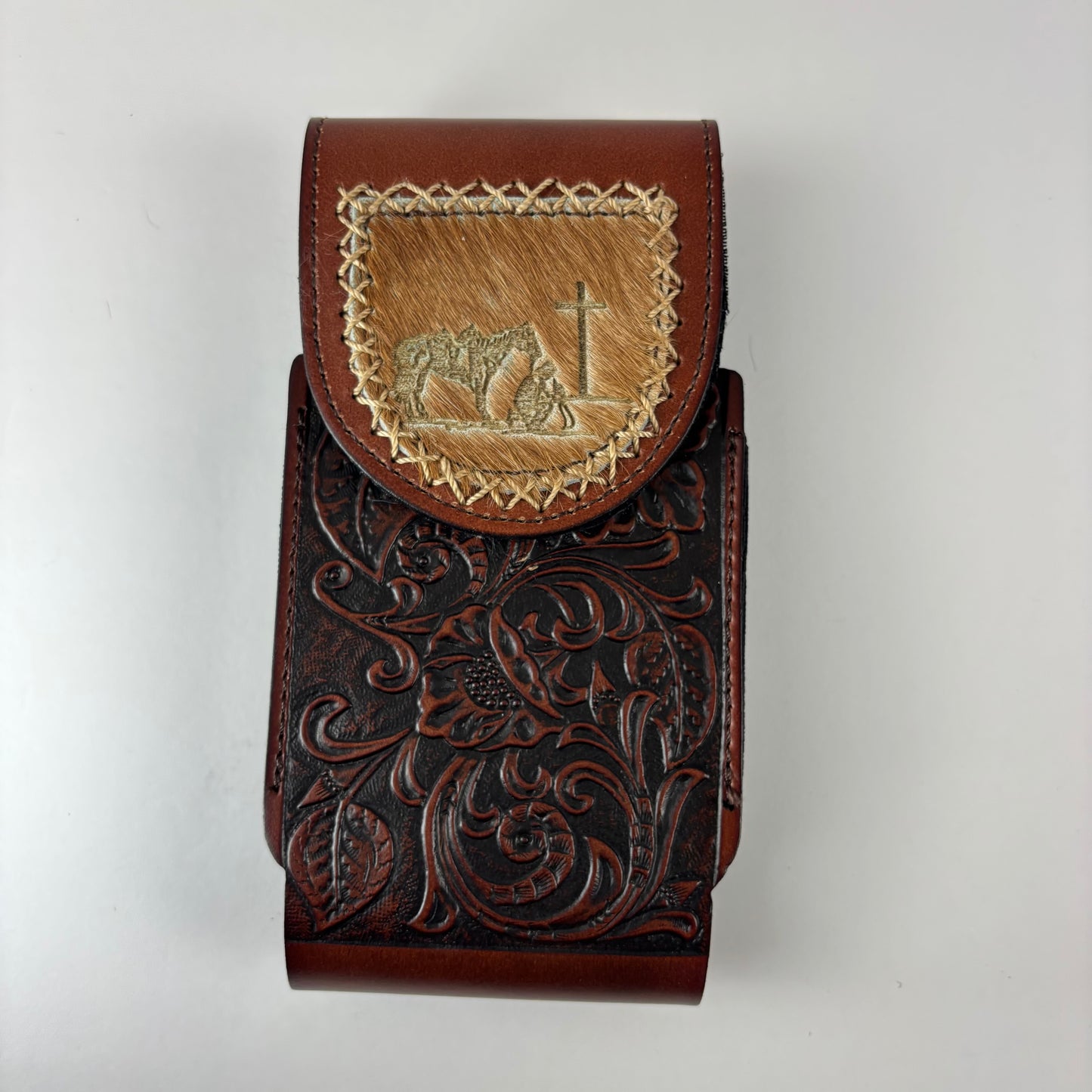 7" COWBOY PRAYER  LEATHER HOLSTER BROWN POUCH EXTRA LARGE  BELT LOOP CELL PHONE CASE UNIVERSAL OVERSIZE #EH13322