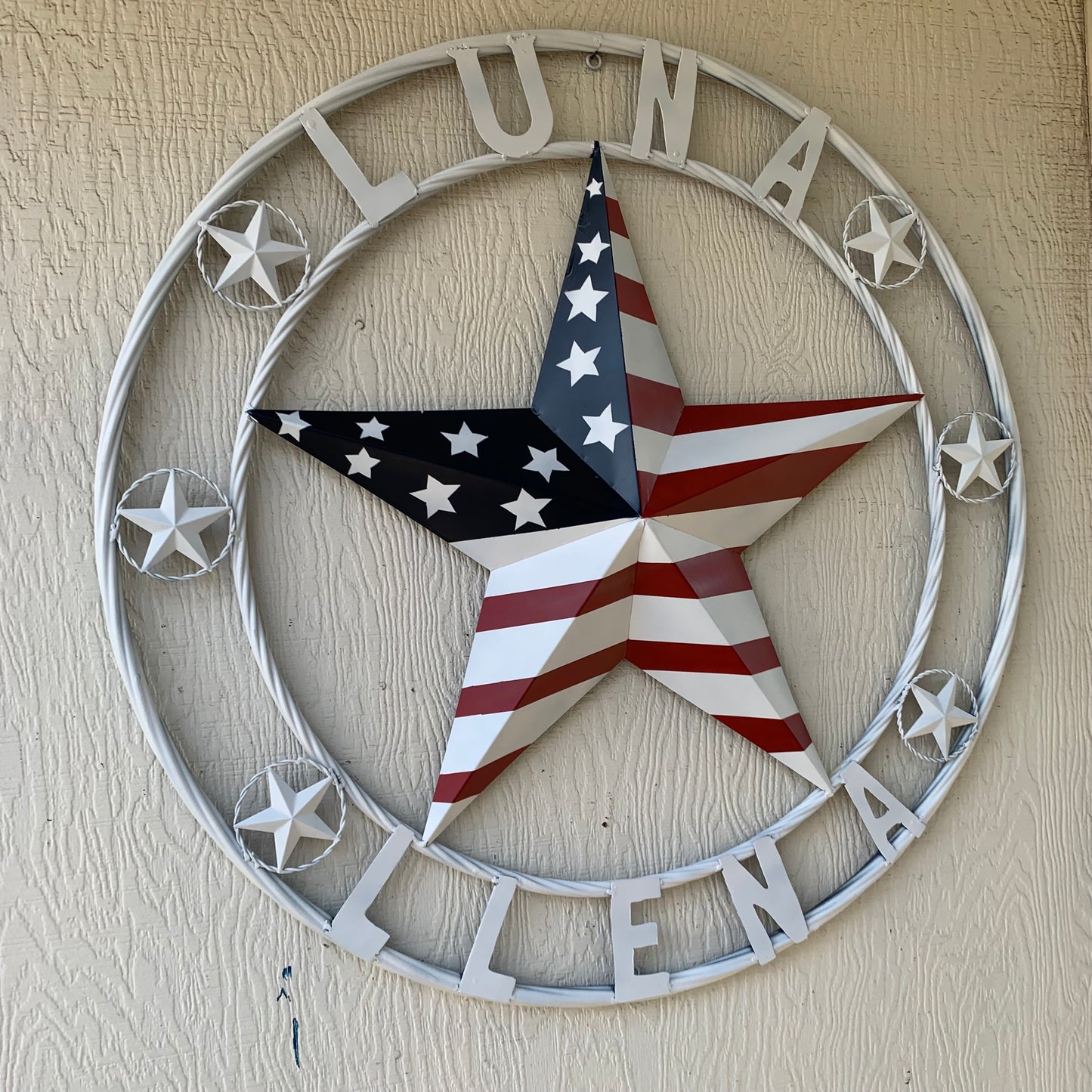 LUNA STYLE CUSTOM NAME BARN STAR METAL STAR 3d TWISTED ROPE RING WESTERN HOME DECOR USA FLAG STAR RED WHOTE & BLUE WITH WHITE RING HANDMADE 24",32",36",50"
