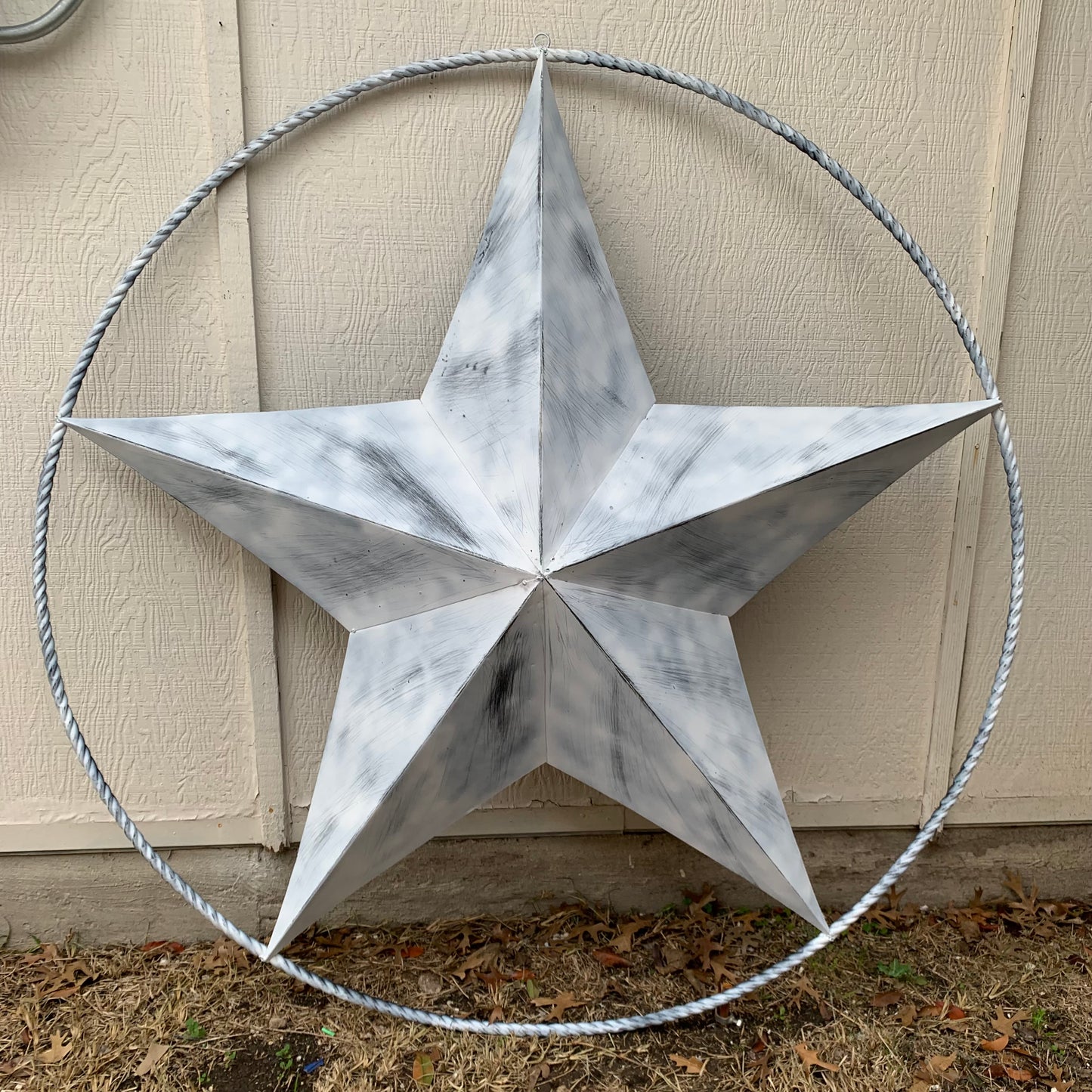 5 FOOT WHITE DISTRESSED STAR TWO TONE TEXTURE BARN STAR METAL LONESTAR TWISTED ROPE RING WESTERN HOME DECOR HANDMADE NEW