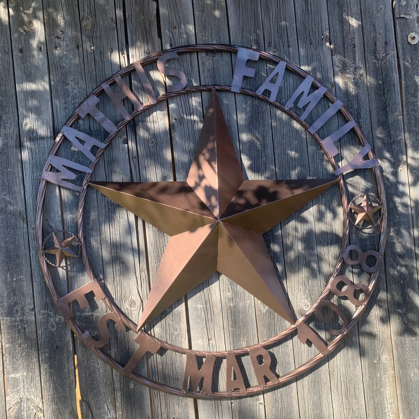 MATHIS STYLE CUSTOM NAME STAR BARN STAR 3d METAL LONESTAR TWISTED ROPE RING WESTERN HOME DECOR RUSTIC BRONZE COPPER HANDMADE 24",32",36",50"