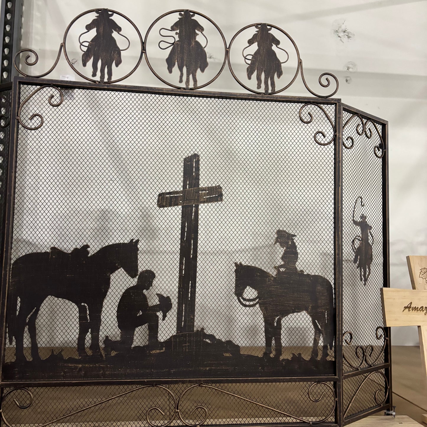 PRAYING COWBOY CHURCH METAL FIREPLACE SCREEN 39" X 34" WESTERN HOME DECOR HANDMADE #EH80004