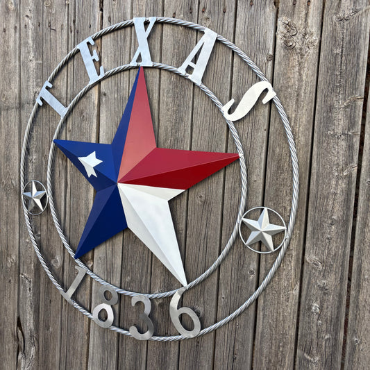 1836 TEXAS 1836 FLAG STAR RED WHITE BLUE TWISTED SILVER RING WESTERN HOME DECOR HANDMADE NEW