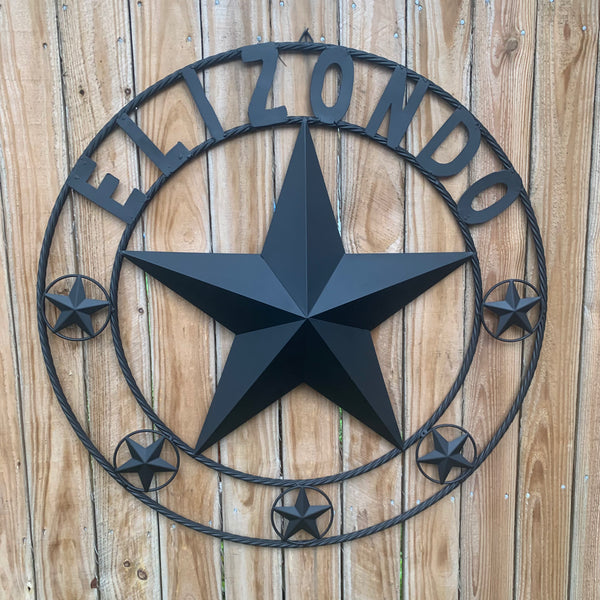 ELIZONDO STYLE CUSTOM NAME STAR BARN METAL STAR 3d TWISTED ROPE RING WESTERN HOME DECOR RUSTIC BLACK HANDMADE 24",32",36",50"