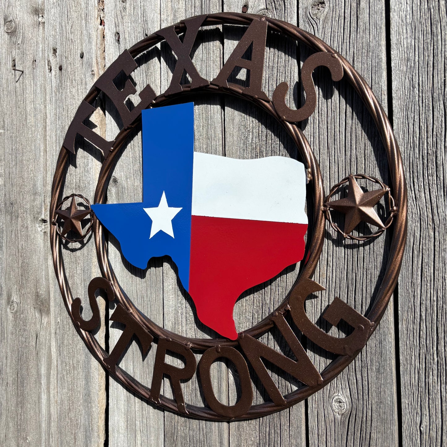 TEXAS STRONG SIGN METAL WALL ART WESTERN HOME DECOR RED WHITE BLUE WITH BRONZE RING HANDMADE #EH13212