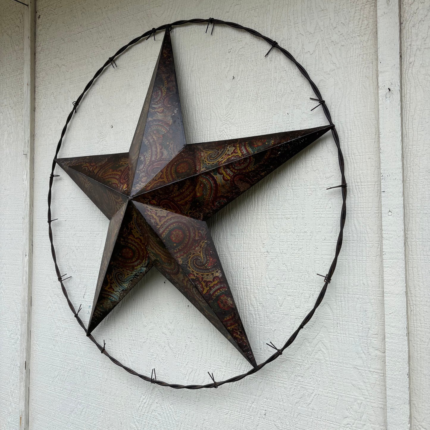 PAISLEY BARN STAR MULTI CLOR WITH BARBWIRE RING LONESTAR WESTERN HOME DECOR HANDMADE
