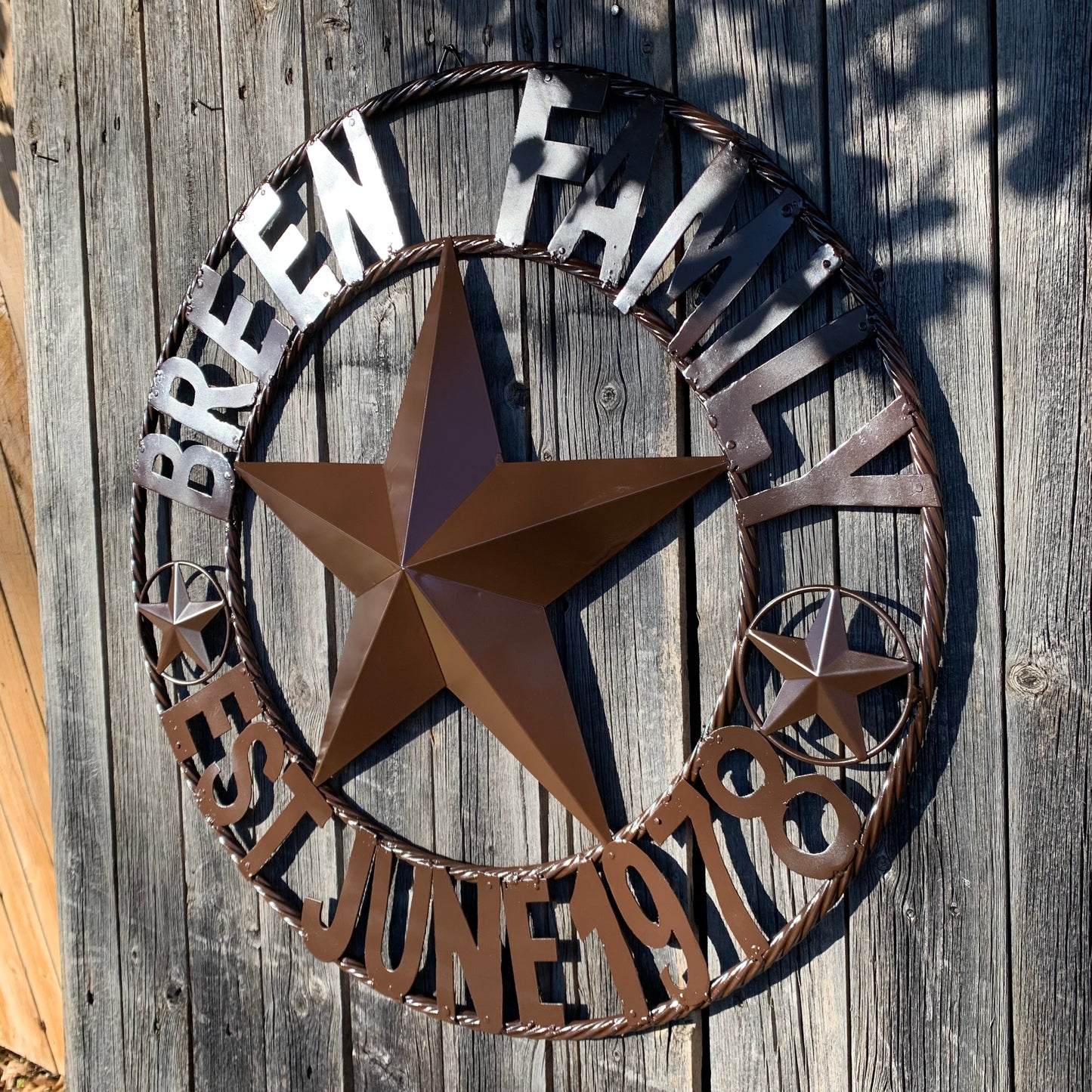 BREEN FAMILY STYLE CUSTOM NAME STAR BARN METAL STAR 3d TWISTED ROPE RING WESTERN HOME DECOR RUSTIC BROWN HANDMADE 24",32",36",50"