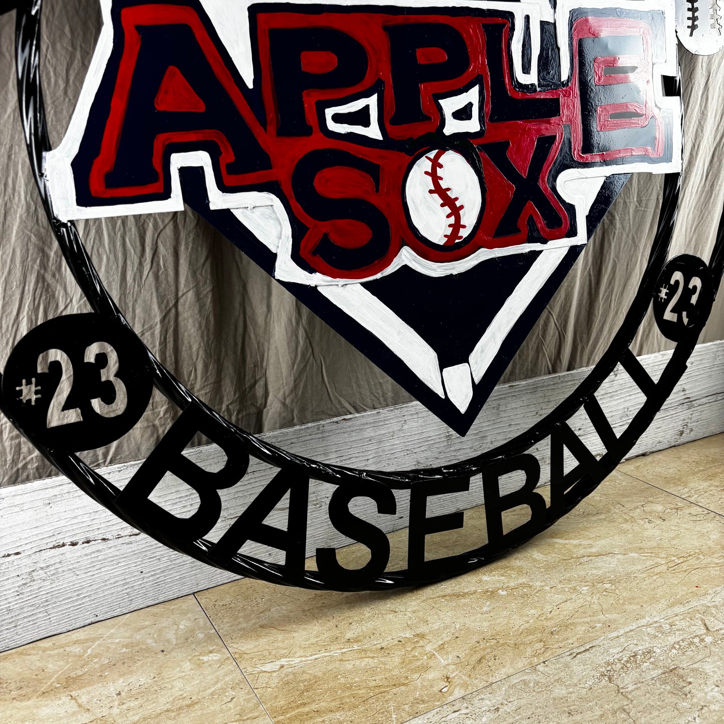 APPLE SOX BASEBALL CUSTOM METAL VINTAGE CRAFT SIGN TEAM NAVY BLUE WHITE RED HANDMADE