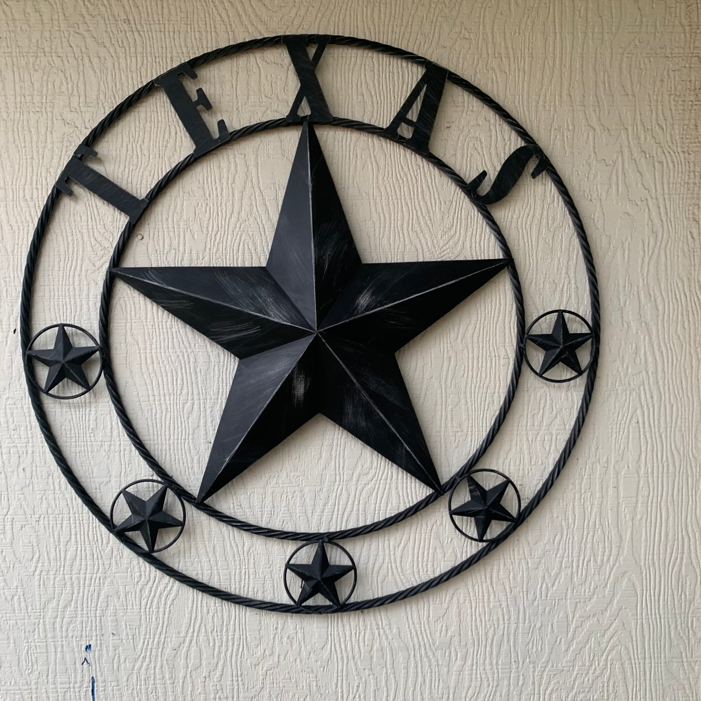 TEXAS BLACK DISTRESSED STAR TWO TONE TEXTURE BARN STAR METAL LONESTAR TWISTED ROPE RING WESTERN HOME DECOR HANDMADE NEW