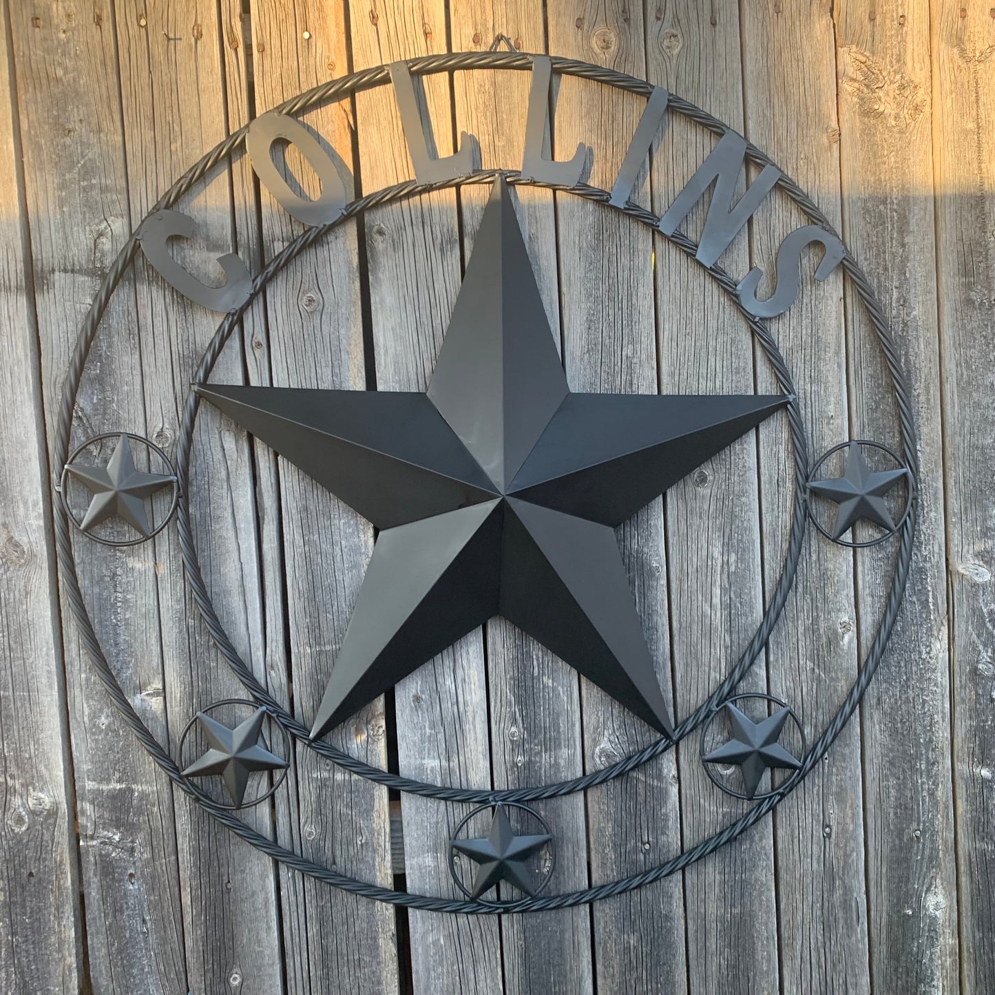 COLLINS STYLE CUSTOM STAR NAME BARN METAL STAR 3d TWISTED ROPE RING WESTERN HOME DECOR RUSTIC BLACK HANDMADE 24",32",36",50"
