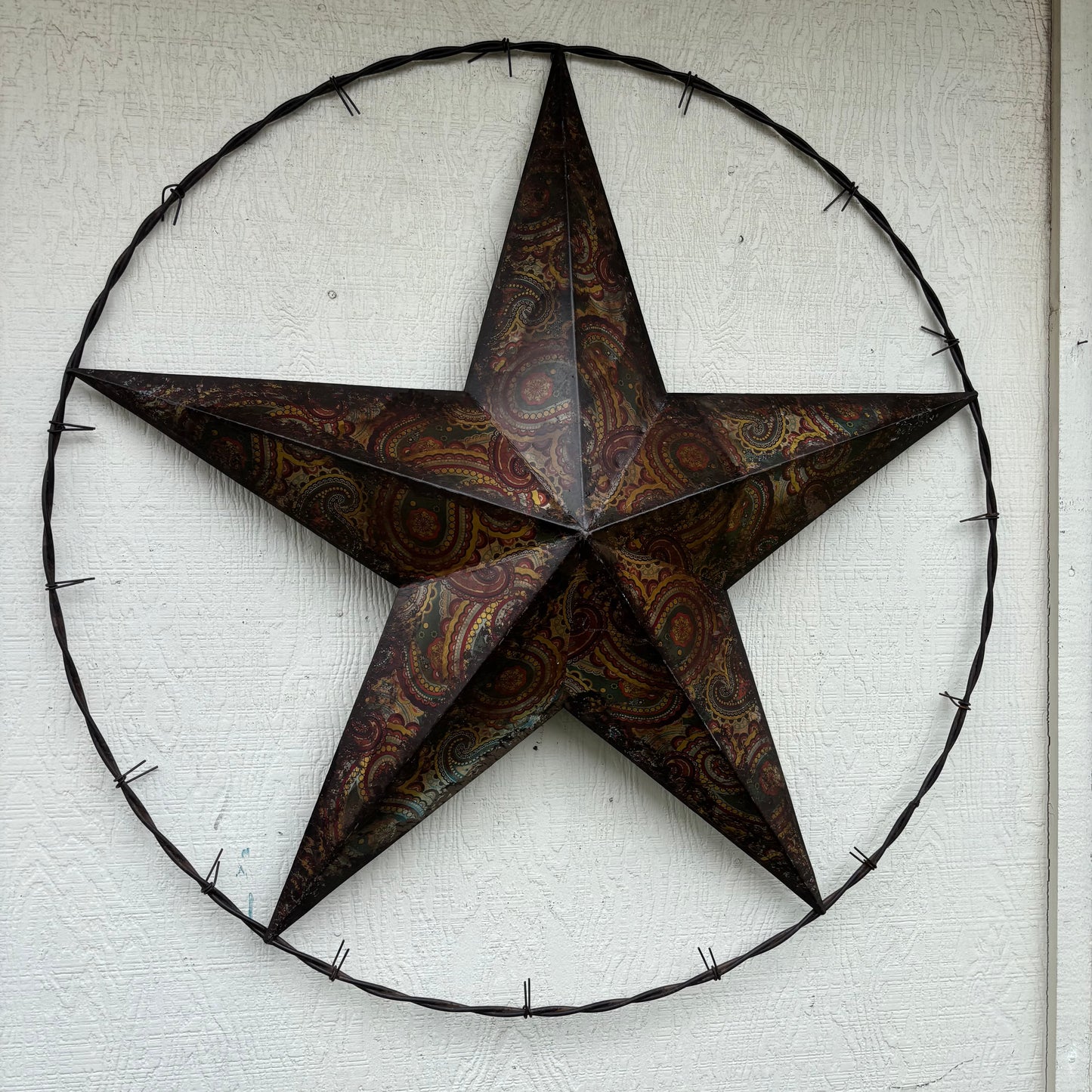 PAISLEY BARN STAR MULTI CLOR WITH BARBWIRE RING LONESTAR WESTERN HOME DECOR HANDMADE