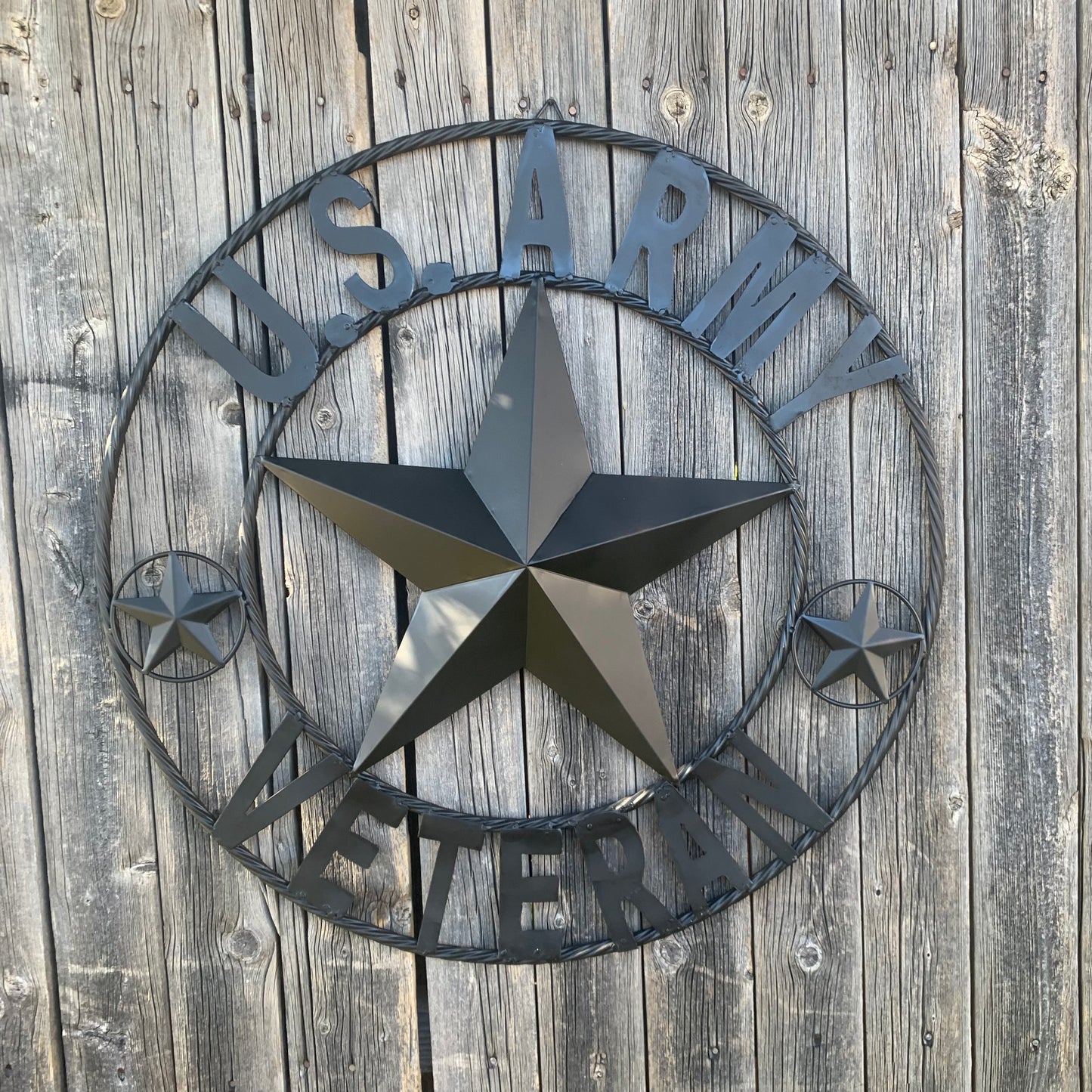 US ARMY VETERAN BARN STAR METAL LONESTAR CUSTOM NAME STAR WESTERN HOME DECOR RUSTIC BLACK  24",32",36",50"