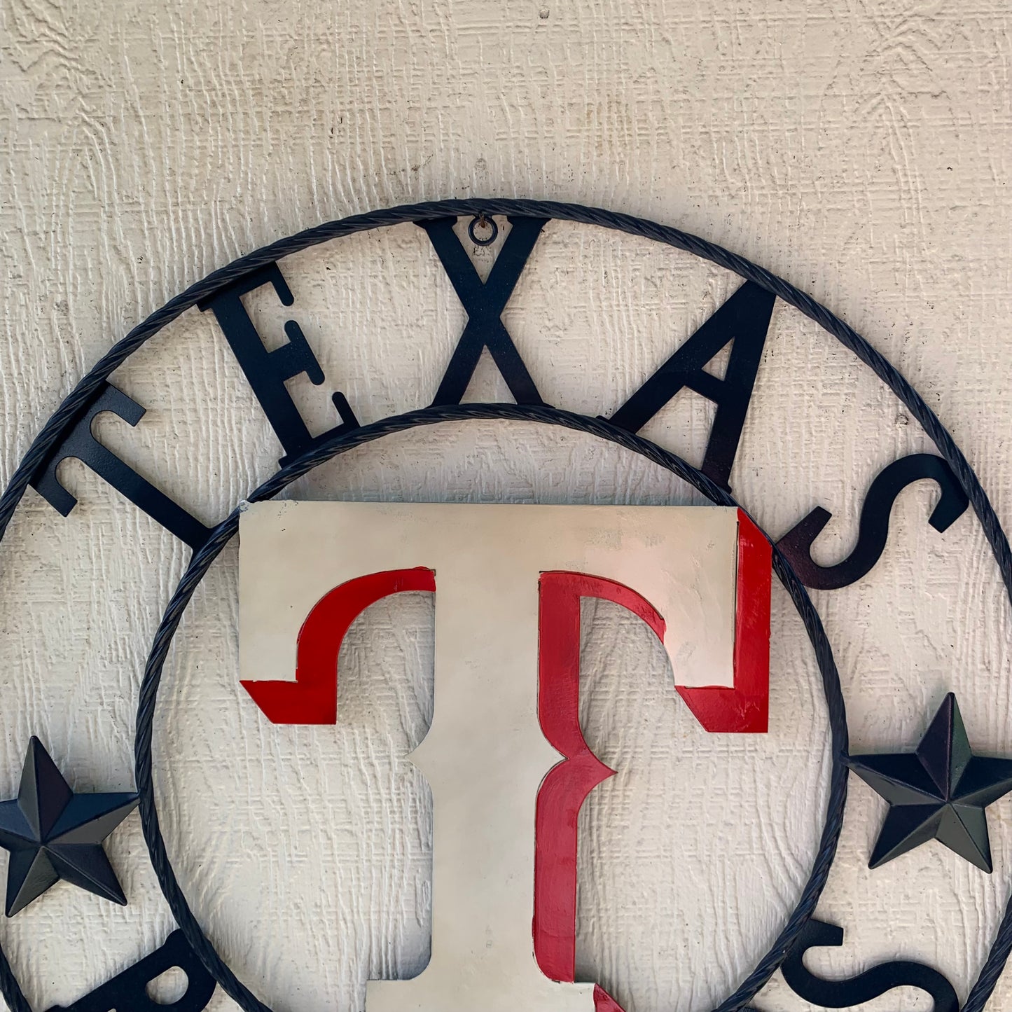 12", 18", 24", 32" TEXAS RANGERS BARN CUSTOM METAL VINTAGE CRAFT SIGN TEAM  WHITE & RED & NAVY BLUE RING & STAR HANDMADE
