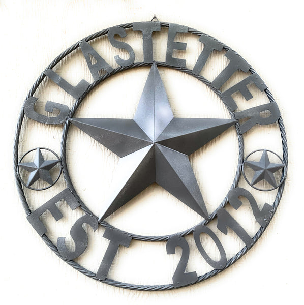 GLASTETTER STYLE YOUR CUSTOM NAME BARN STAR 3d METAL LONE STAR TWISTED ROPE RING WESTERN HOME DECOR RUSTIC GREY HANDMADE 24",32",36",50"