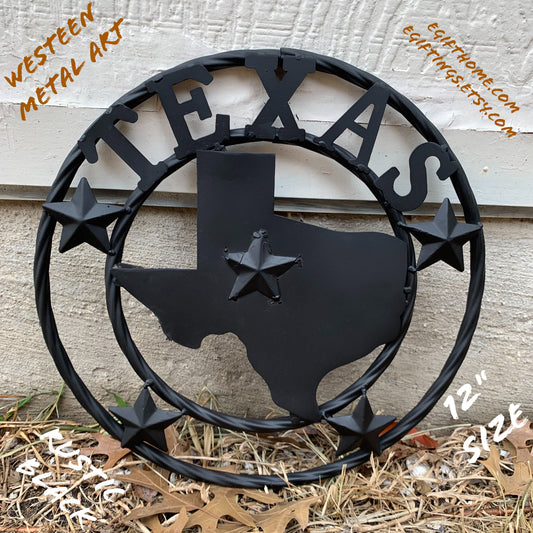 12" STATE OF TEXAS MAP RUSTIC BLACK TWISTED RING METAL SIGN WESTERN HOME DECOR HANDMADE NEW