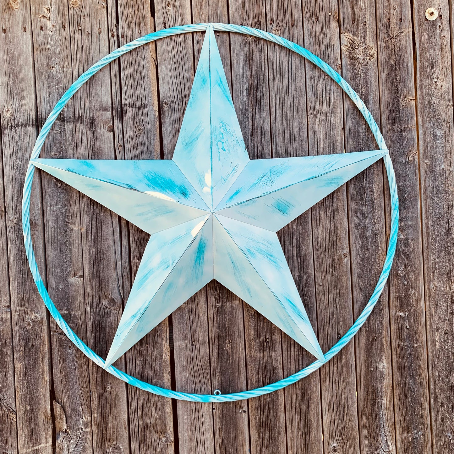 #EH11219 TURQUOISE WHITE DISTRESSED STAR TWO TONE TEXTURE BARN STAR METAL LONESTAR TWISTED ROPE RING WESTERN HOME DECOR HANDMADE NEW