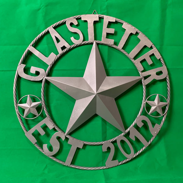 GLASTETTER STYLE YOUR CUSTOM NAME BARN STAR 3d METAL LONE STAR TWISTED ROPE RING WESTERN HOME DECOR RUSTIC GREY HANDMADE 24",32",36",50"