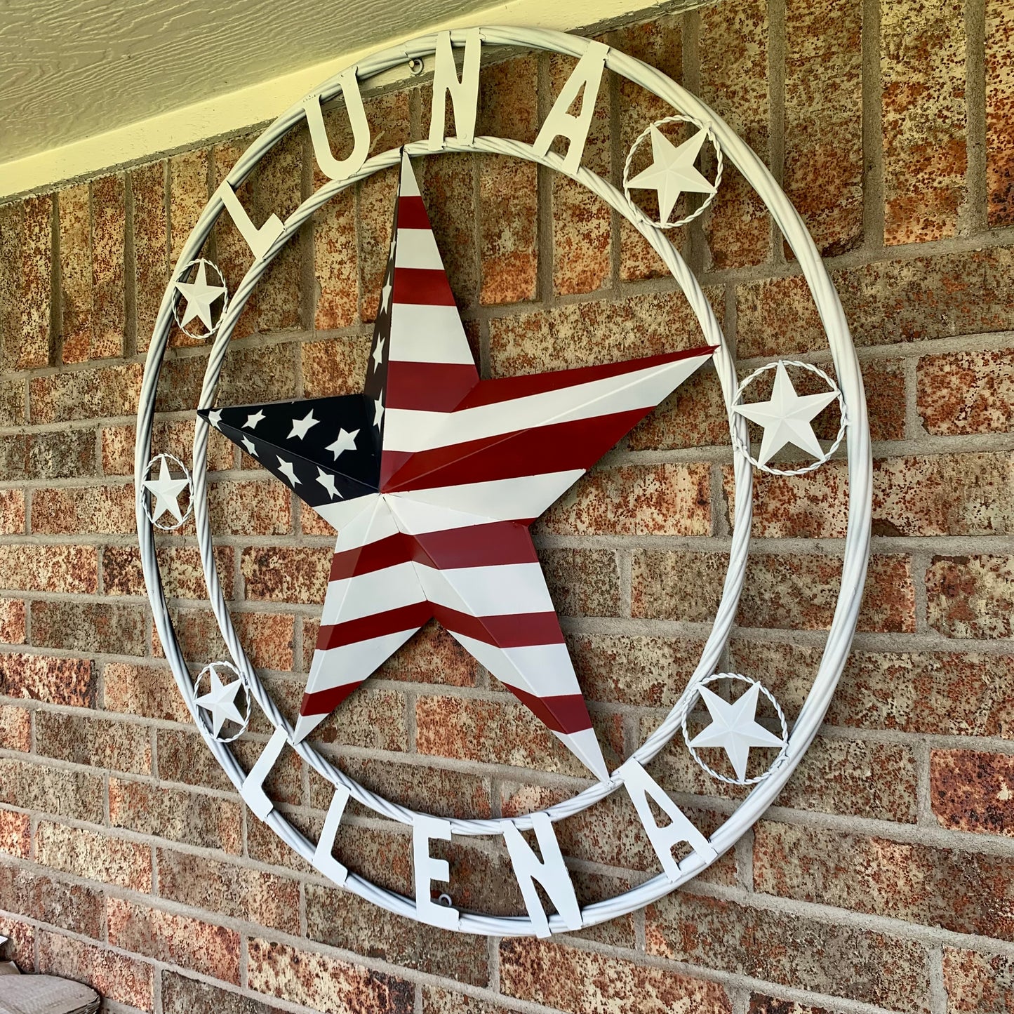 LUNA STYLE CUSTOM NAME BARN STAR METAL STAR 3d TWISTED ROPE RING WESTERN HOME DECOR USA FLAG STAR RED WHOTE & BLUE WITH WHITE RING HANDMADE 24",32",36",50"