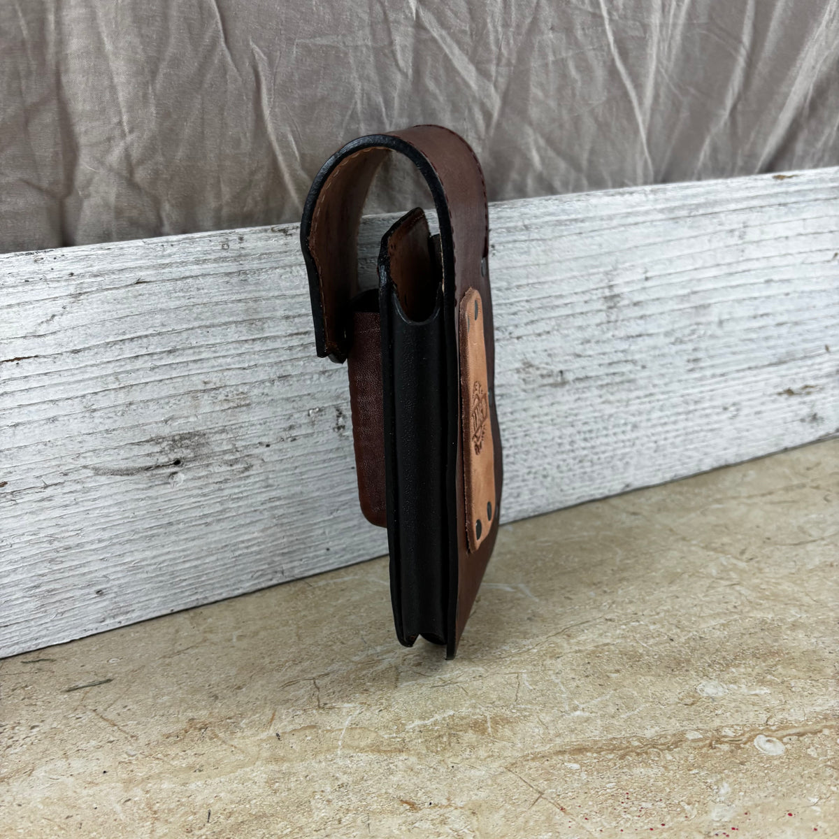 LONGHORN LEATHER HOLSTER 7" PHONE POUCH WITH KNIFE HOLDER FRONT EXTRA LARGE  BELT LOOP CELL PHONE CASE UNIVERSAL OVERSIZE MEXICO MADE #EH13806