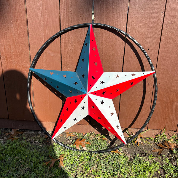 24" RED WHITE BLUE STAR USA FLAG STAR WITH SMALL STAR CUTOUT WESTERN HOME DECOR HANDMADE# EH12312