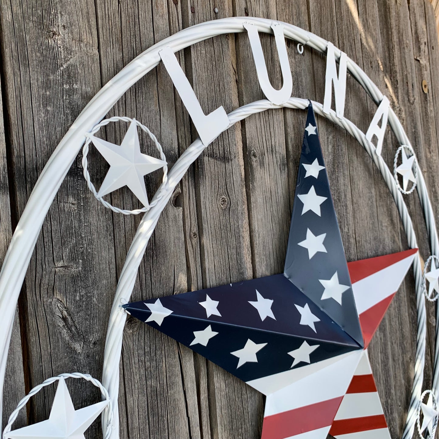 LUNA STYLE CUSTOM NAME BARN STAR METAL STAR 3d TWISTED ROPE RING WESTERN HOME DECOR USA FLAG STAR RED WHOTE & BLUE WITH WHITE RING HANDMADE 24",32",36",50"