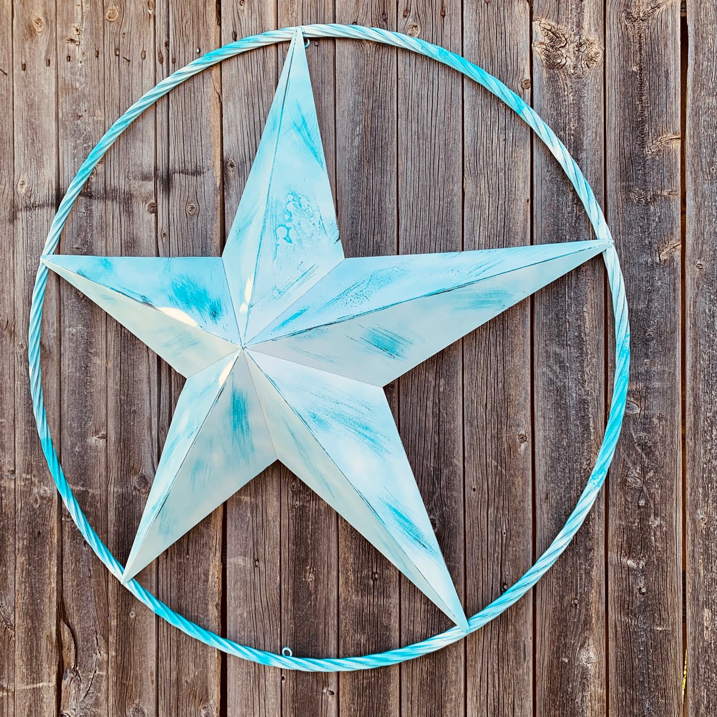#EH11219 TURQUOISE WHITE DISTRESSED STAR TWO TONE TEXTURE BARN STAR METAL LONESTAR TWISTED ROPE RING WESTERN HOME DECOR HANDMADE NEW