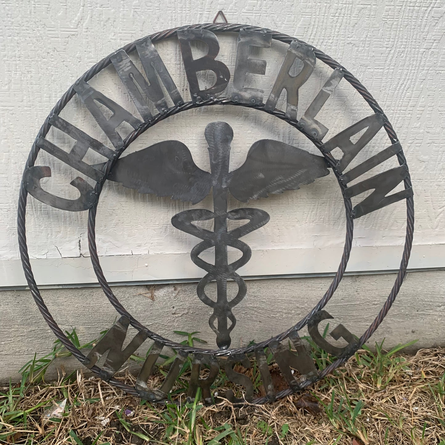 CUSTOM NAME CHAMBERLAIN NURSING STYLE TWISTIED RING BARN RUSTIC BRONZE METAL SIGN WESTERN HOME DECOR HANDMADE 24",32",36"