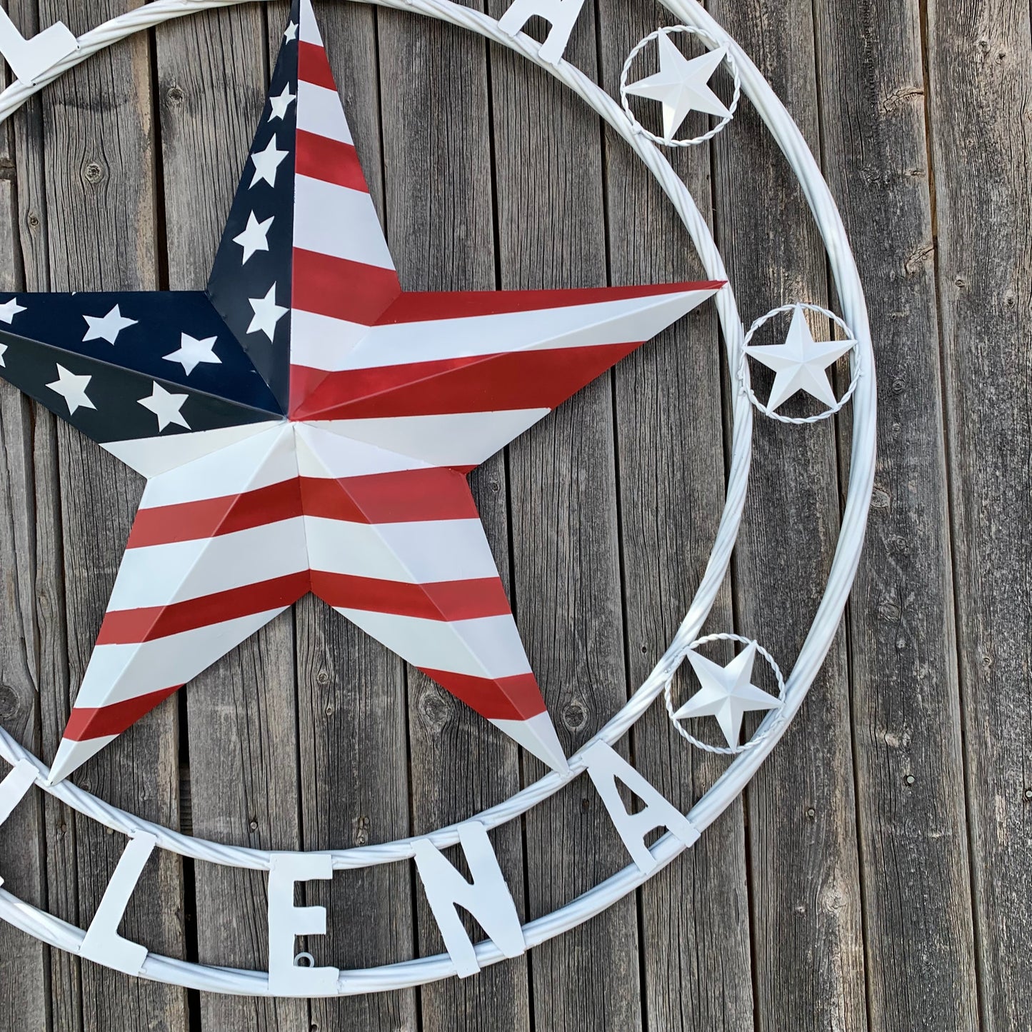 LUNA STYLE CUSTOM NAME BARN STAR METAL STAR 3d TWISTED ROPE RING WESTERN HOME DECOR USA FLAG STAR RED WHOTE & BLUE WITH WHITE RING HANDMADE 24",32",36",50"