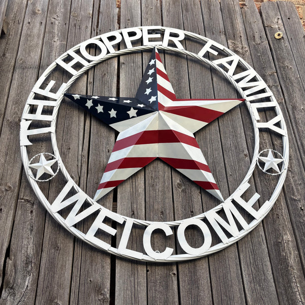 HOPPER STYLE YOUR CUSTOM NAME STAR METAL BARN 3d RED WHITE BLUE USA FLAG WITH WHITE TWIST ROPE RING WESTERN HOME DECOR HANDMADE, 24",36",40"