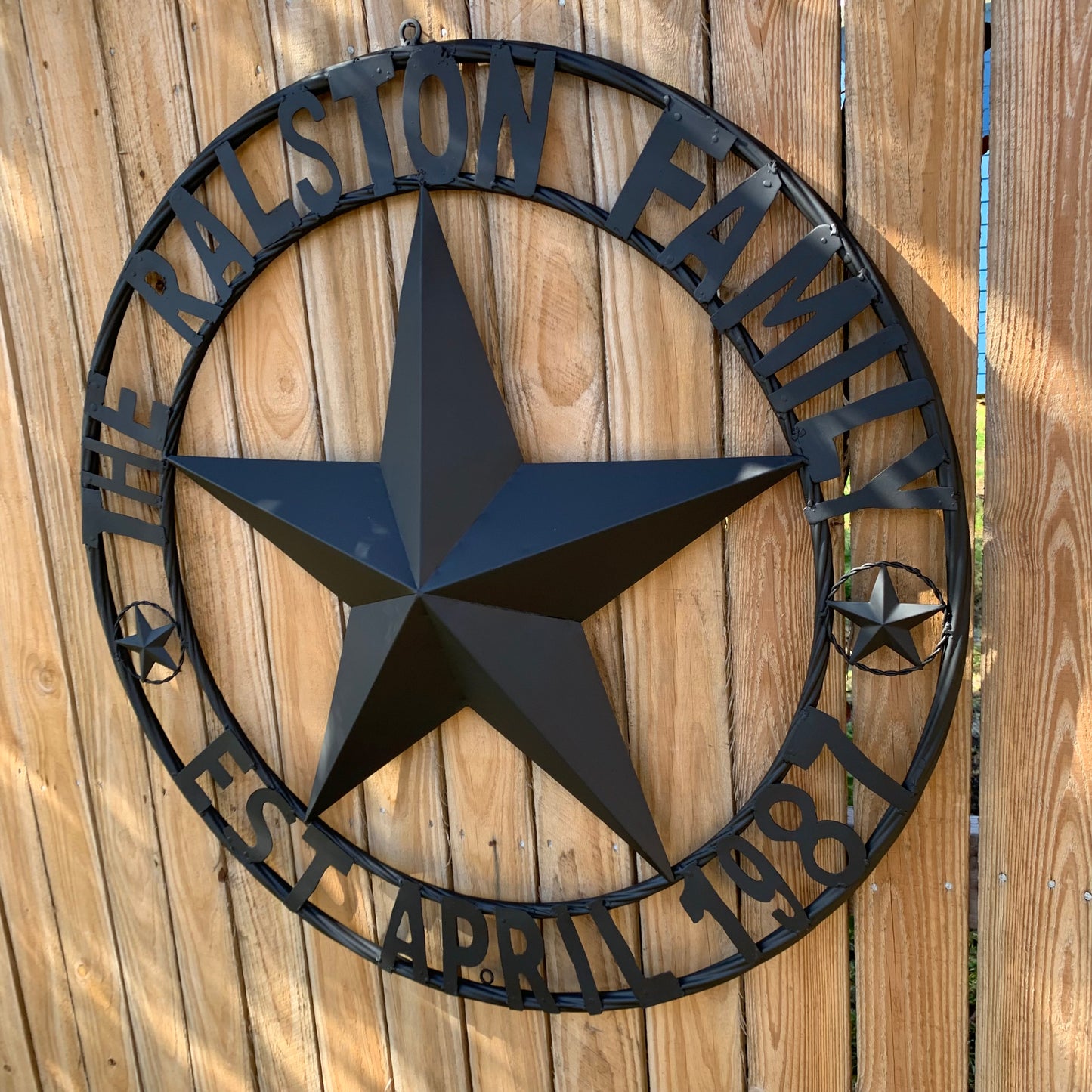 RALSTON FAMILY STYLE CUSTOM NAME STAR BARN METAL STAR 3d TWISTED ROPE RING WESTERN HOME DECOR RUSTIC BLACK HANDMADE 24",32",36",50"