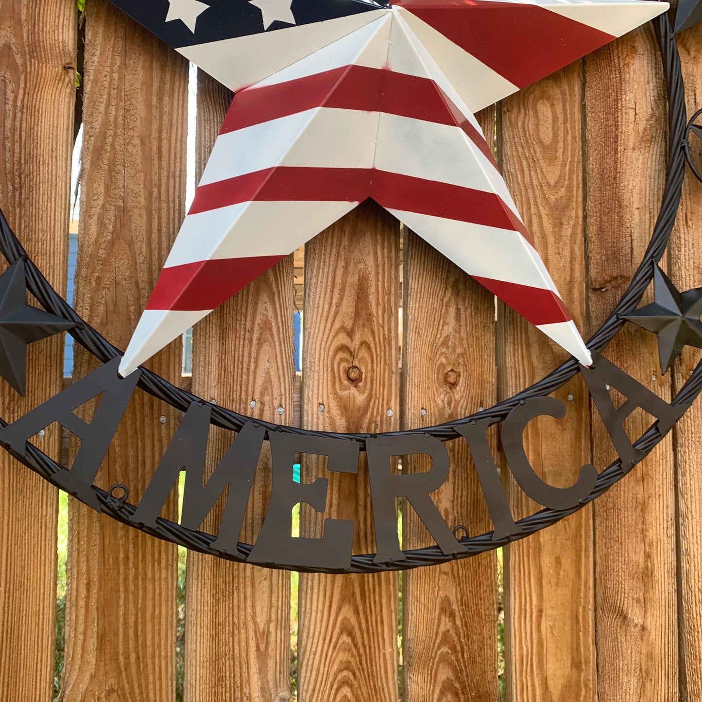 GOD BLESS AMERICA USA FLAG 3d STAR METAL BARN STAR BLACK TWISTED ROPE RING WALL ART WESTERN HOME DECOR RED WHITE & BLUE HANDMADE NEW #EH10490