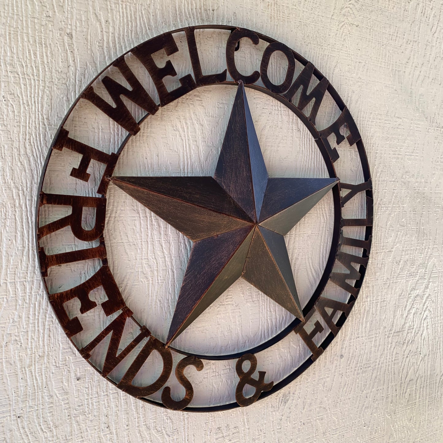 WELCOME FRIENDS FAMILY BARN METAL STAR WALL ART BRONZE WESTERN HOME DECOR HANDMADE NEW #EH13339