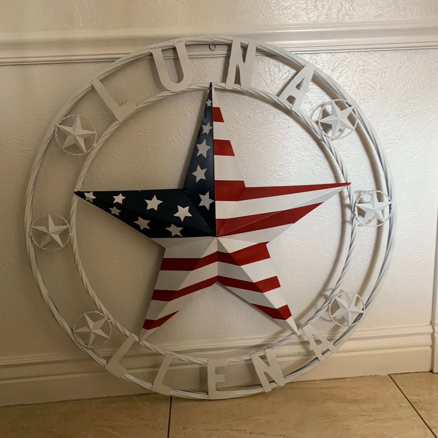 LUNA STYLE CUSTOM NAME BARN STAR METAL STAR 3d TWISTED ROPE RING WESTERN HOME DECOR USA FLAG STAR RED WHOTE & BLUE WITH WHITE RING HANDMADE 24",32",36",50"