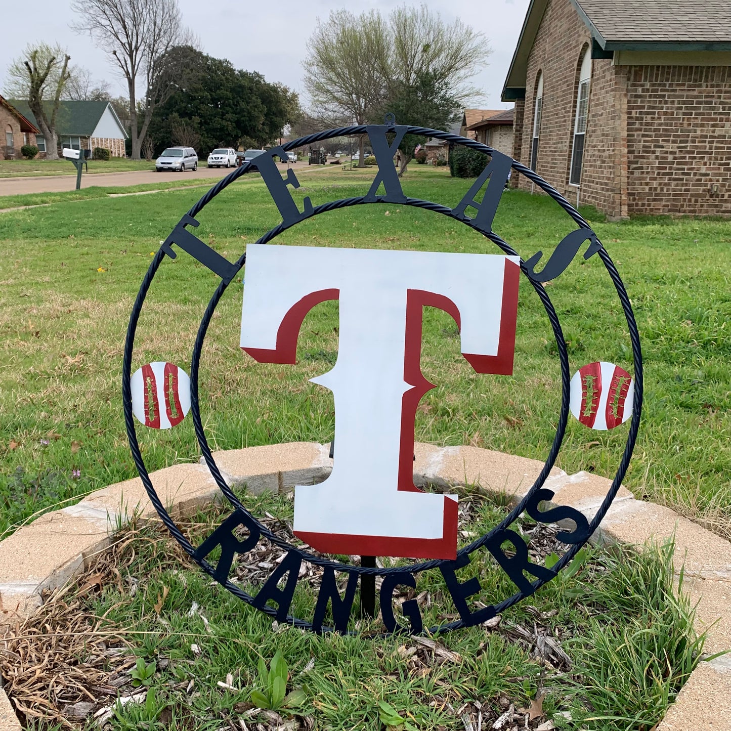 TEXAS RANGERS CUSTOM METAL VINTAGE CRAFT TEAM SIGN WHITE & RED & NAVY BLUE RING HANDMADE