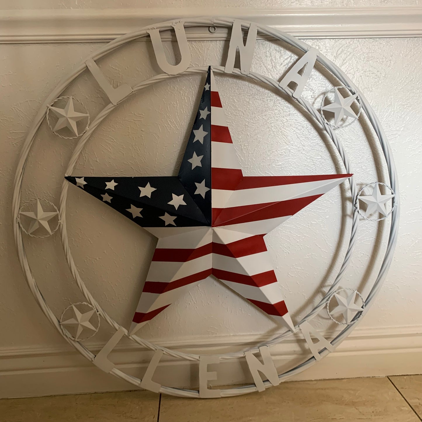 LUNA STYLE CUSTOM NAME BARN STAR METAL STAR 3d TWISTED ROPE RING WESTERN HOME DECOR USA FLAG STAR RED WHOTE & BLUE WITH WHITE RING HANDMADE 24",32",36",50"