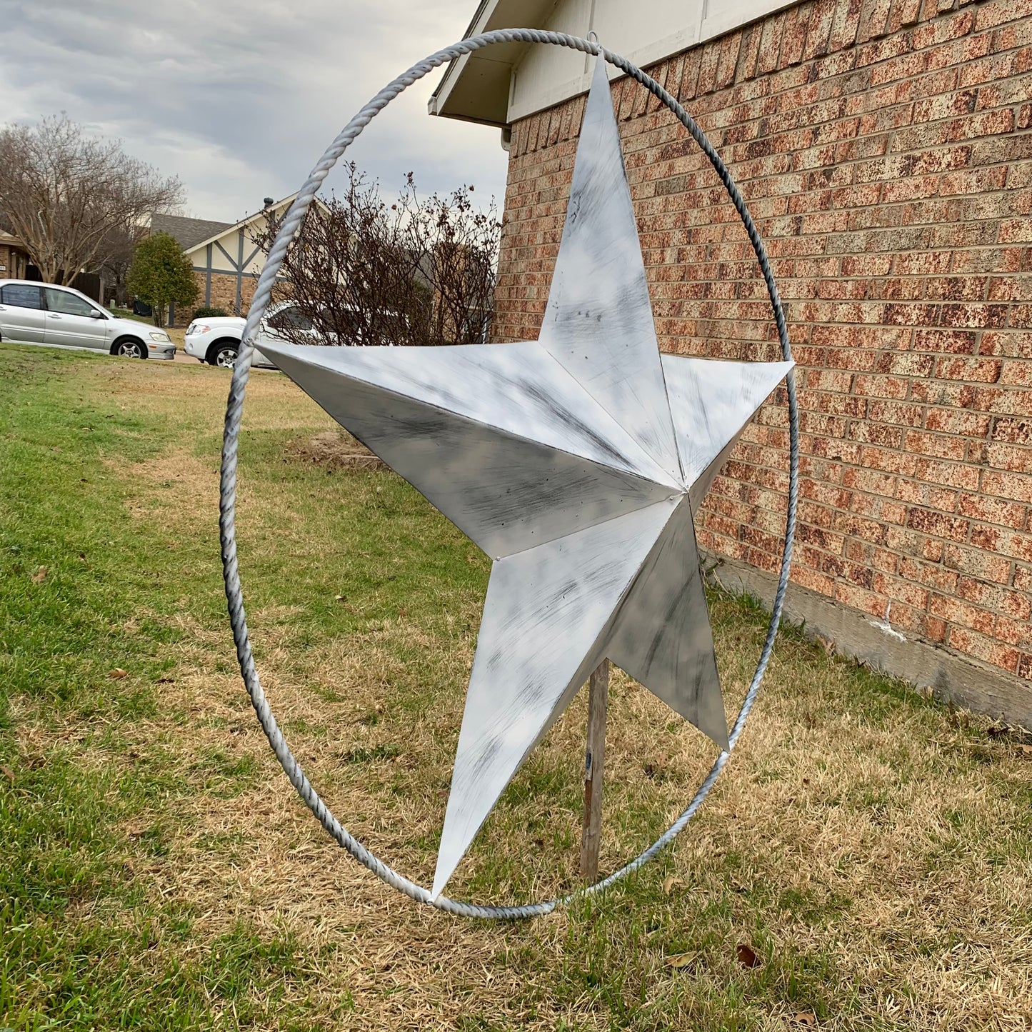 5 FOOT WHITE DISTRESSED STAR TWO TONE TEXTURE BARN STAR METAL LONESTAR TWISTED ROPE RING WESTERN HOME DECOR HANDMADE NEW