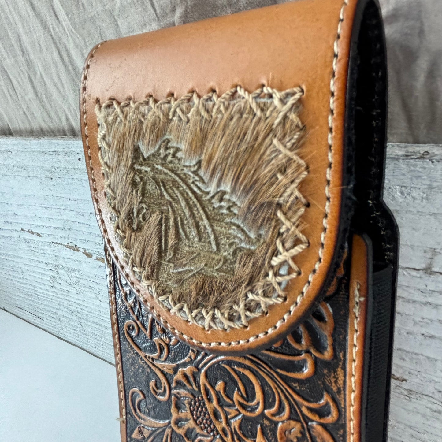 7" HORSE LEATHER HOLSTER TAN POUCH EXTRA LARGE  BELT LOOP CELL PHONE CASE UNIVERSAL OVERSIZE #EH13323
