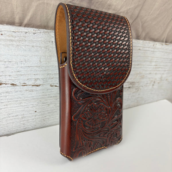 7" PLAIN FLORAL LEATHER HOLSTER BROWN STAR POUCH EXTRA LARGE  BELT LOOP CELL PHONE CASE UNIVERSAL OVERSIZE