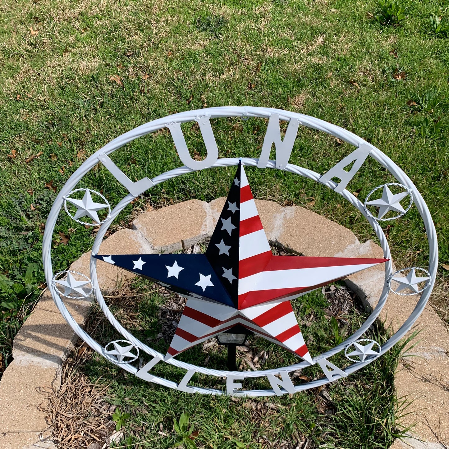LUNA STYLE CUSTOM NAME BARN STAR METAL STAR 3d TWISTED ROPE RING WESTERN HOME DECOR USA FLAG STAR RED WHOTE & BLUE WITH WHITE RING HANDMADE 24",32",36",50"