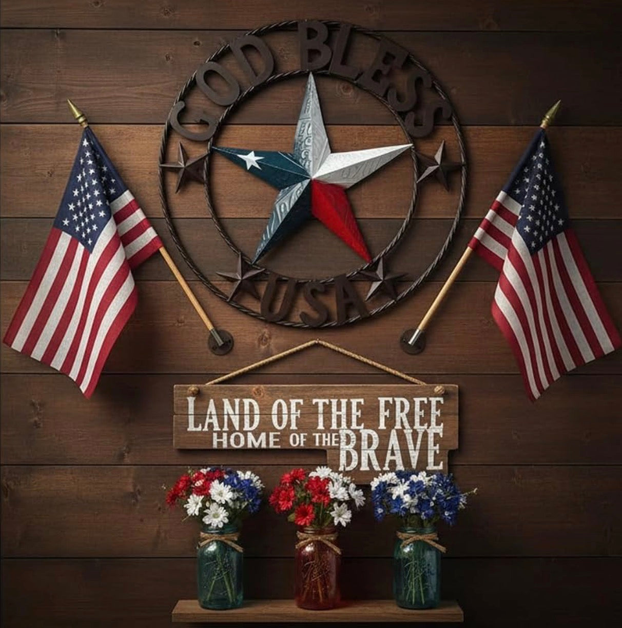 GOD BLESS USA LICENSE PLATE 3d STAR RED WHITE BLUE  WITH BRONZE RING METAL BARN STAR TWISTED ROPE RING WALL ART WESTERN HOME DECOR HANDMADE #EH