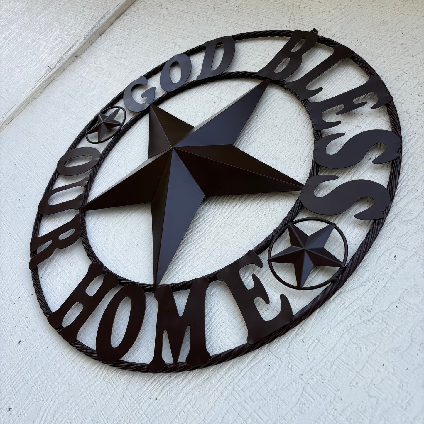 GOD BLESS OUR HOME BLACK BARN STAR METAL LONE STAR TWISTED ROPE RING WESTERN HOME DECOR HANDMADE #EH10941