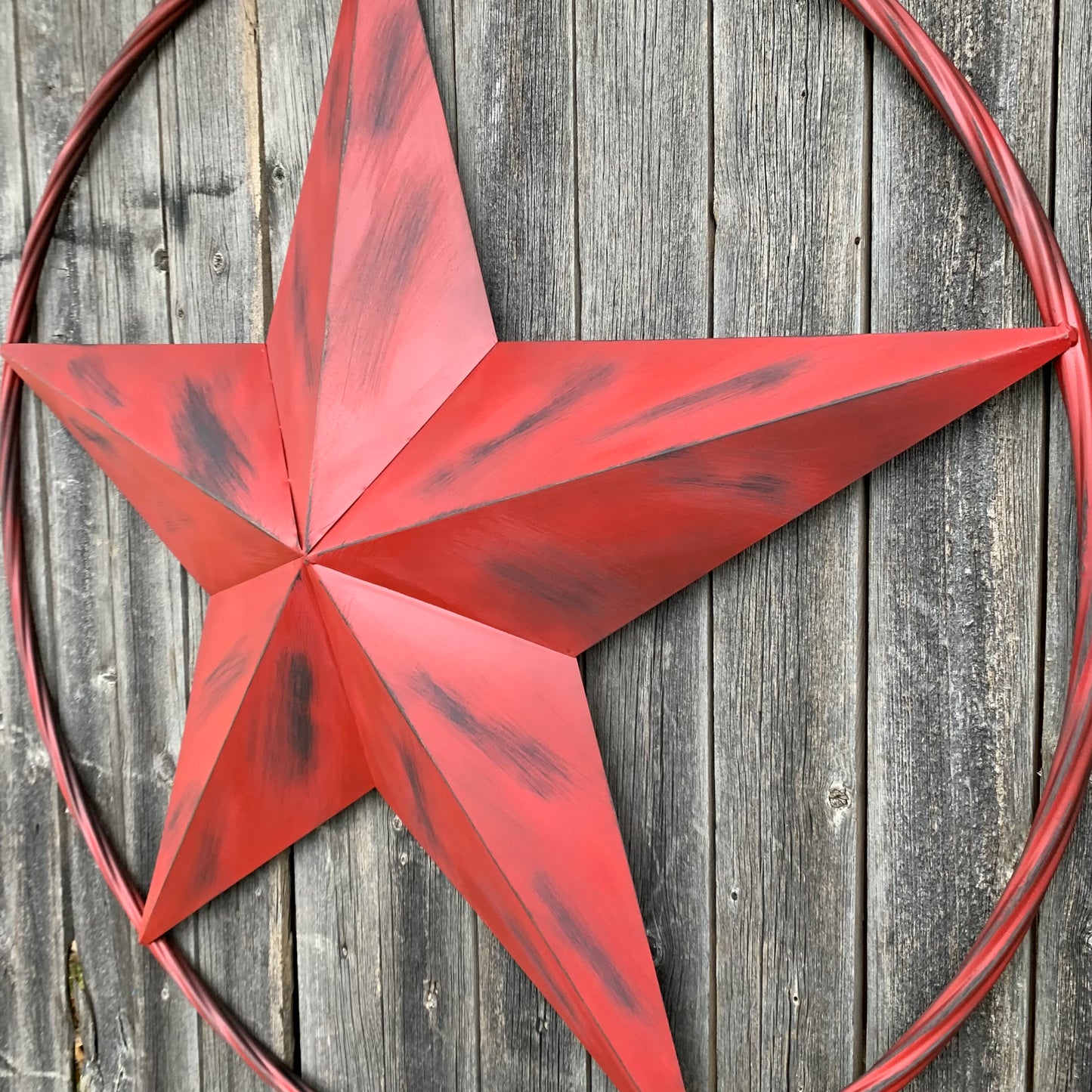 RED DISTRESSED STAR TWO TONE TEXTURE BARN STAR METAL LONESTAR TWISTED ROPE RING WESTERN HOME DECOR HANDMADE NEW #EH12958
