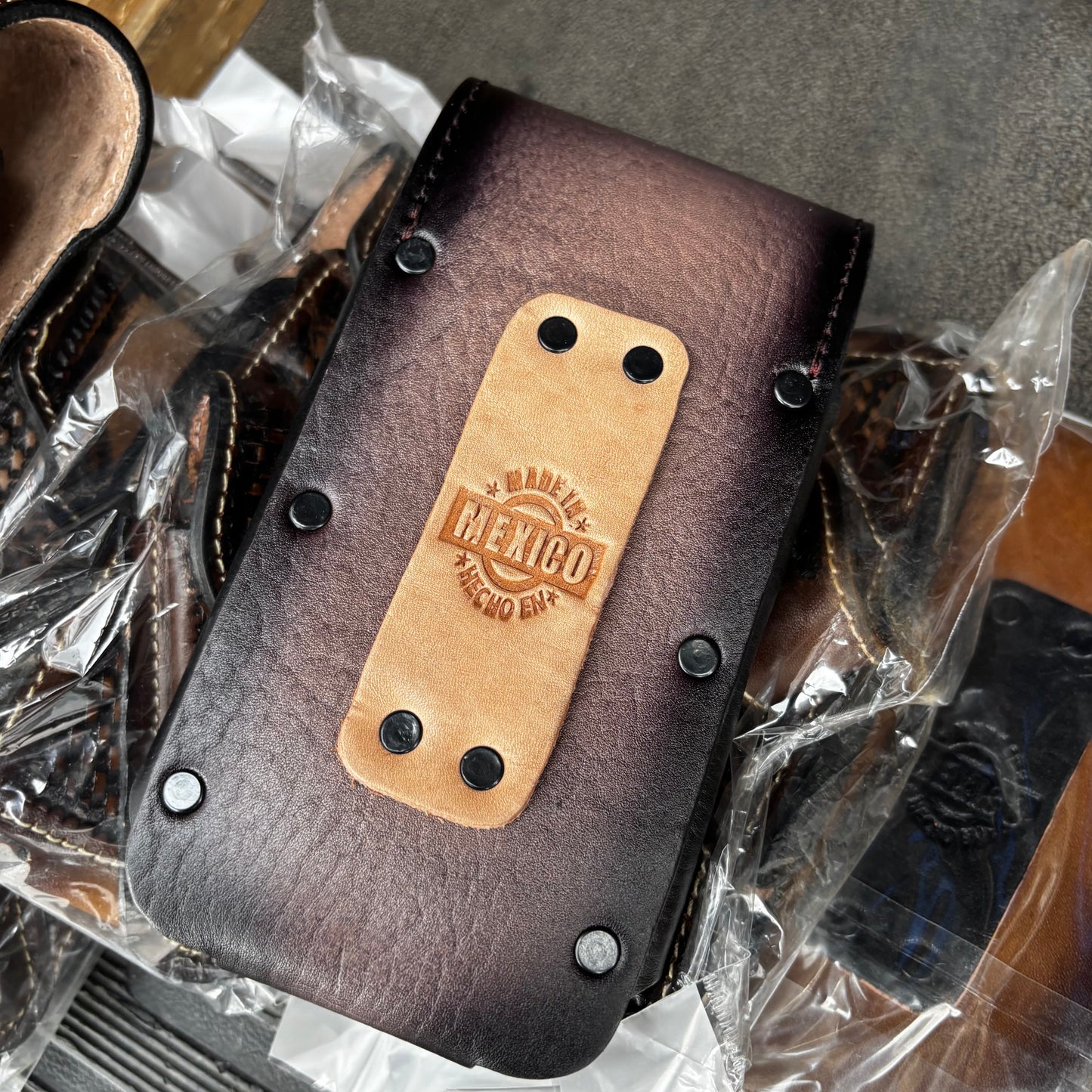 LEAF LEATHER HOLSTER 7" PHONE POUCH WITH KNIFE HOLDER FRONT EXTRA LARGE  BELT LOOP CELL PHONE CASE UNIVERSAL OVERSIZE MEXICO MADE #EH