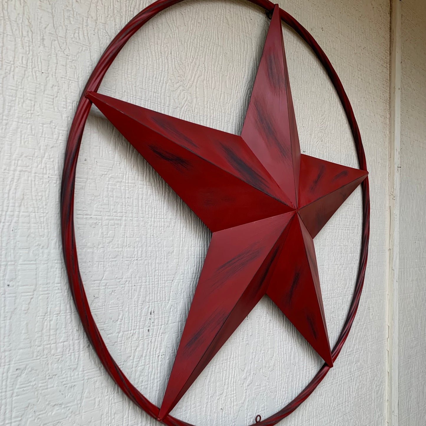 RED DISTRESSED STAR TWO TONE TEXTURE BARN STAR METAL LONESTAR TWISTED ROPE RING WESTERN HOME DECOR HANDMADE NEW #EH12958