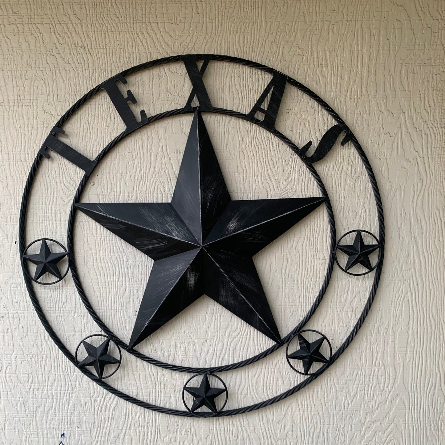 TEXAS BLACK DISTRESSED STAR TWO TONE TEXTURE BARN STAR METAL LONESTAR TWISTED ROPE RING WESTERN HOME DECOR HANDMADE NEW