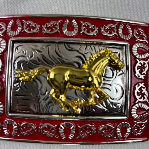 HORSE BELT BUCKLE GOLD SILVER & RED OUTLINE WESTERN METAL BUCKLE FASHION ART 4.5" X 3.5"  #EH12265